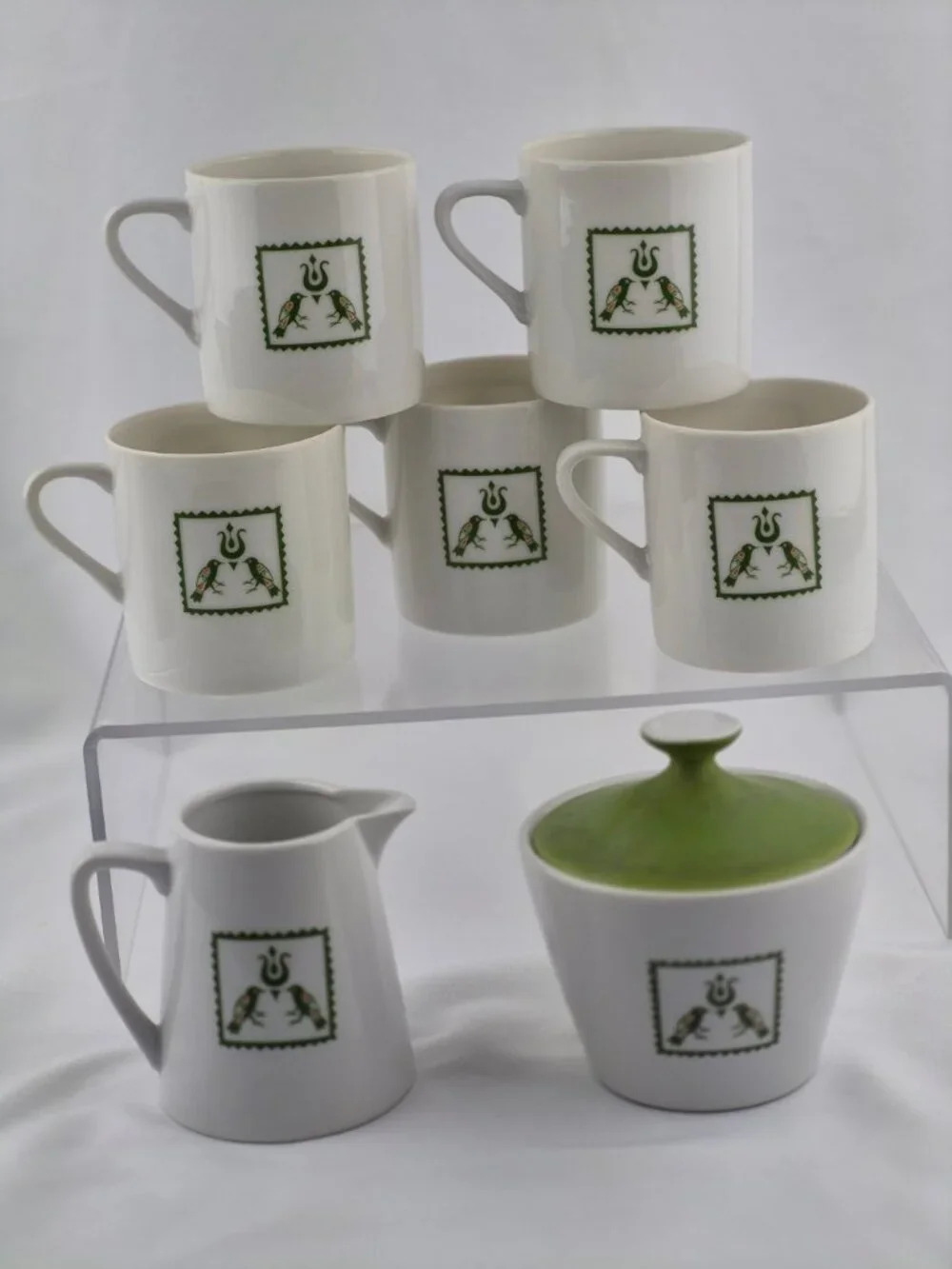 MCM Matte By Summit Coffee Set 5 Mugs, Sugar & Creamer w Lid Avacado Green Birds